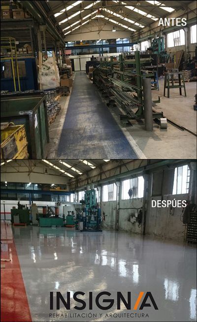 antes y despues de instalación de suelo de epoxi en el poligono industrial de Santa Agueda en Bilbao.