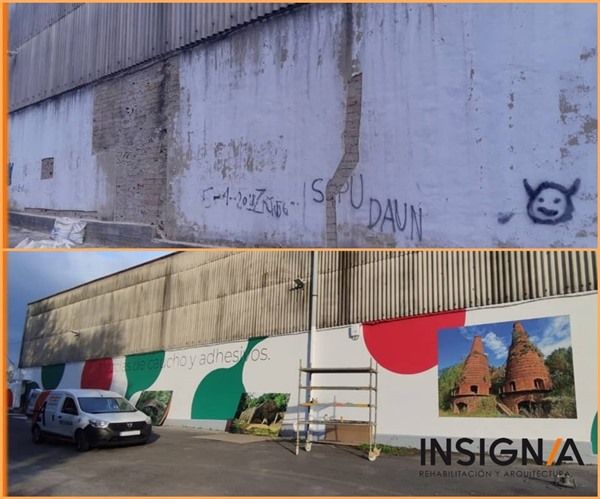 Antes y Después de la rehabilitación de la fachada de esta nave industrial en Sopuerta Bizkaia