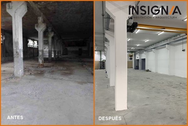 antes y despues de los trabajos de refuerzo de la estructura en nave industrial de Arrigorriaga Bizkaia