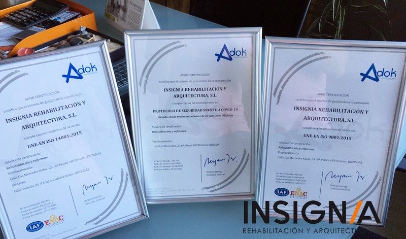 Certificaciones ADOK ISO9001, ISO14001 y por cumplimiento del protocolo de seguridad frente a la COVID_19, conseguidas por Insignia hasta el momento