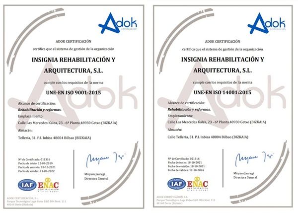 certificados Adok ISO9001 y ISO14001 Insignia Rehabilitacion y Arquitectura en Bizkaia