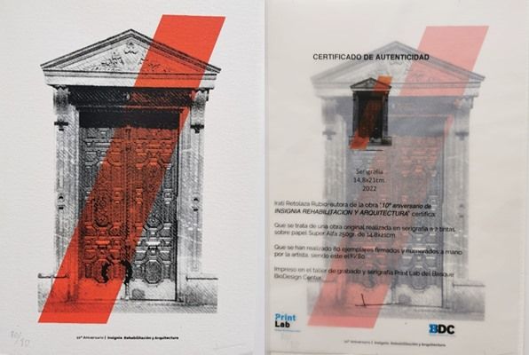 Grabado conmemorativo realizado por la artista vasca Irati Retolaza para el aniversario Insignia Rehabilitacion y Arquitectura