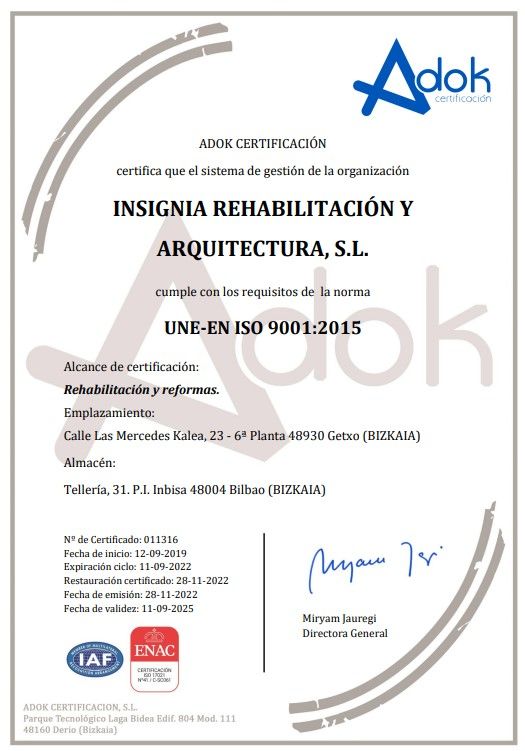 certificacion ISO9001 Insignia Rehabilitacion y Arquitectura