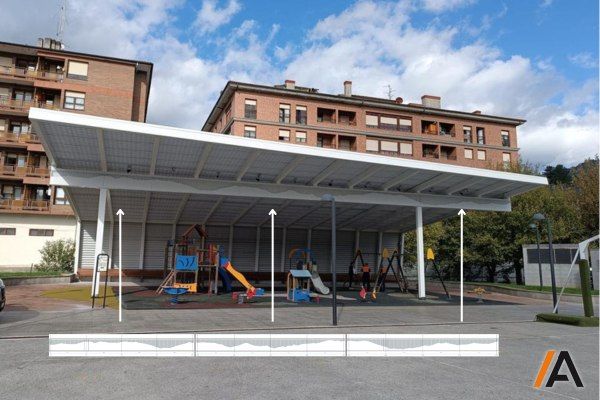 detalle en la viga central de la cubrición del parque Aldai homenaje al relieve de los montes de llodio