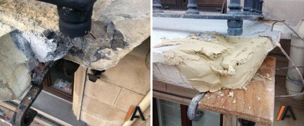 Restauración de los balcones en esta fachada de arenisca en Getxo por Insignia obrasinsignia
