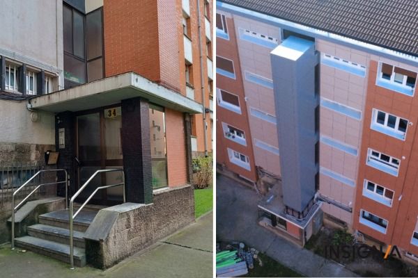 la caja del ascensor esta forrada con composite en esta fachada ventilada porcelánica