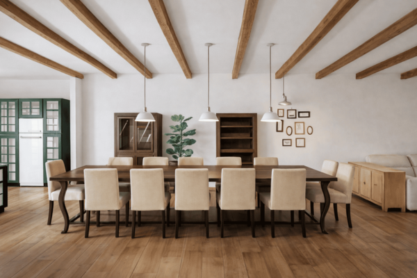 comedor con vigas madera rehabilitación vivienda interiorismo Bizkaia