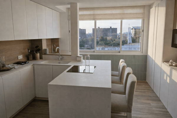 reforma de cocina con isla interiorismo y rehabilitación de vivienda en Bizkaia